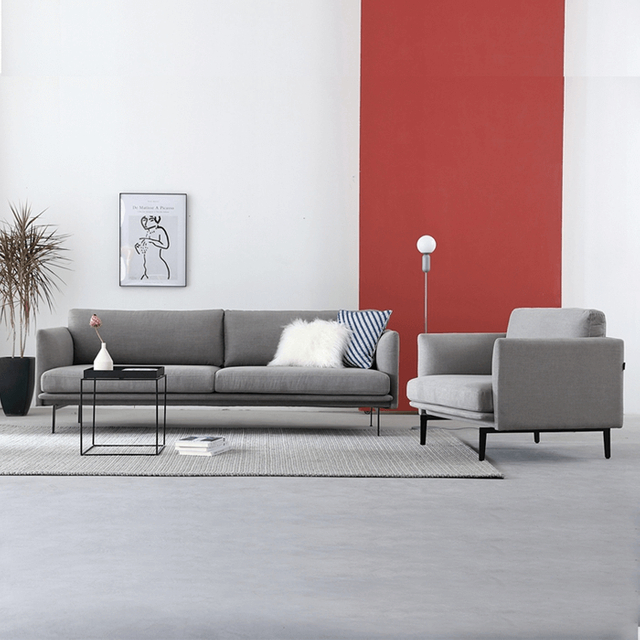 Genuine Leather Grey Fabric Sofa Set with Brass Metal Legs