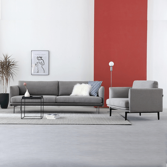 Genuine Leather Grey Fabric Sofa Set with Brass Metal Legs